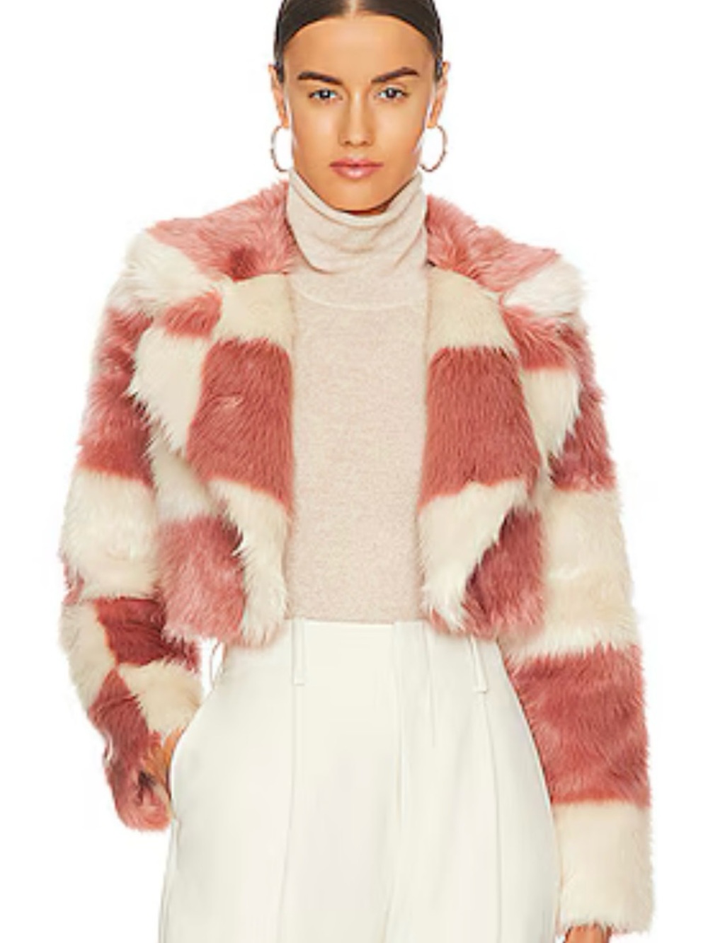 MAJORELLE Cropped Teddy Jacket in Blush and Cream Check